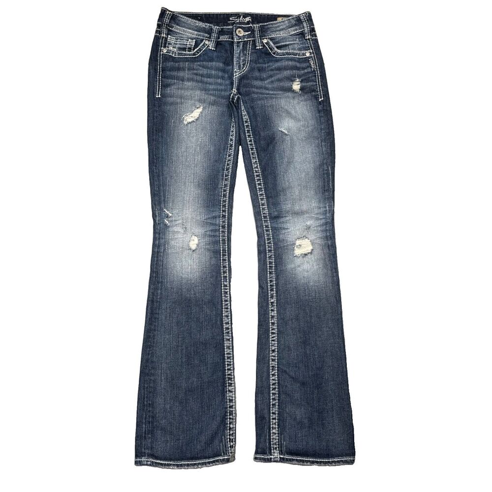 Silver Jeans Aiko Bootcut Distressed Embroidery Blue Womens - Size 27/33 (28x32)
